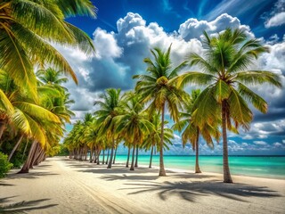 Obraz premium Surreal Paradise: Palm Grove Beach Resort, Azure Sea, White Clouds