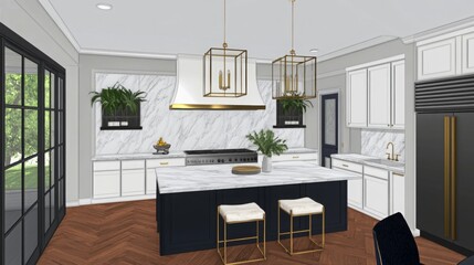 Fototapeta premium Modern kitchen interior design with marble countertops and elegant lighting fixtures at a stylish home