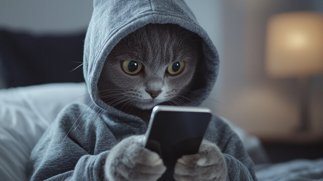 Cute gray cat wearing hoodie uses smartphone indoors pet home cozy paws funny kitten animal fluffy