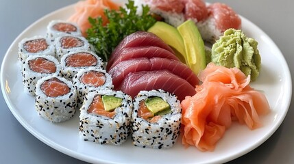 Fresh sushi platter featuring variety of fish and accompaniments served on a white plate