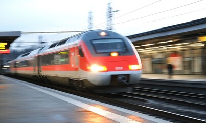 Fototapeta premium Red and silver train arriving at station platform with blurred background
