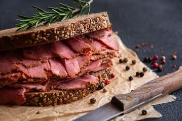 Pastrami sandwitch, sliced pastrami meat with bread