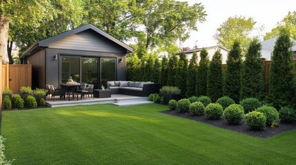 Modern backyard with sleek furniture and lush greenery in a serene suburban setting