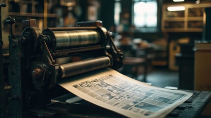 Fototapeta premium An old printing press in action. This vintage machine produces newspapers showcasing rich history. Experience the artistry of printing. Generative AI