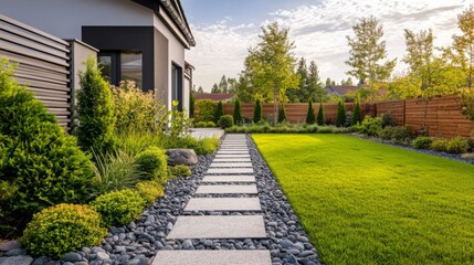 Fototapeta premium Beautiful garden pathway with manicured lawns and lush greenery in a modern residential backyard during daylight hours