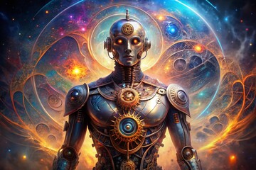 Surreal Robotic Figure in Geometric Pose, Futuristic Mechanical Anatomy