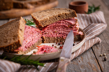 Pastrami sandwitch, sliced pastrami meat with bread