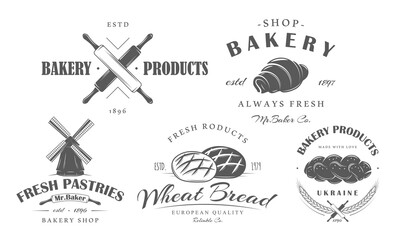 Wheat windmill logo isolated on white background. Vintage rolling pins bakery label. Bun, bread and croissant outline emblem.  Bakery hand drawn template logos set. Vector illustration