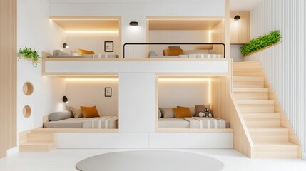 Fototapeta premium Modern Stylish Interior Design of Cozy Bedroom with Bunk Beds and Soft Textiles