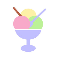Three colorful scoops of ice cream in ice cream bowl with spoon and cookie tube Dessert menu element