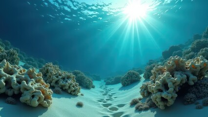 Sunlit underwater view of a coral reef suffering from bleaching and degradation	