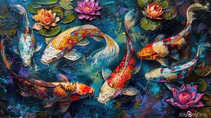 A mesmerizing artistic depiction of colorful koi fish gracefully swimming in a tranquil pond surrounded by blooming lotus flowers and lily pads.
