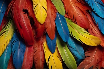 Obraz premium Vibrant multicolored feathers in red, yellow, blue, and green, creating a stunning tropical texture.