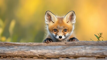 Fototapeta premium Adorable Red Fox Puppy Peeking Over Wooden Fence in Nature