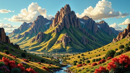 Stunning South African Mountains display vibrant greenery and rocky peaks under bright sky. Concept explores breathtaking beauty of South African Mountains in nature photography