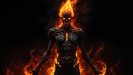 Ghostly Figure Surrounded by Flames in a Shadowy Realm