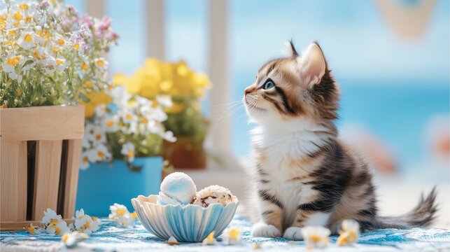 Kitten curiously watching a floating ice cream in a seashell bowl placed on a beach picnic setup 