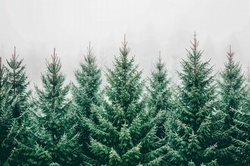 Obraz premium A serene forest scene featuring tall evergreen trees shrouded in mist, creating a tranquil and atmospheric setting.