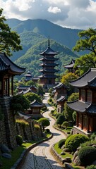 Stunning South Korean countryside with ancient temples, lush greenery, and winding paths. Concept emphasizes South Korean countryside with ancient temples, blending nature and culture