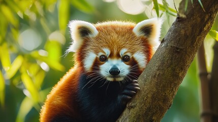Adorable Red Panda Relaxing on a Tree Branch in Lush Greenery