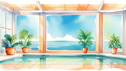 Fototapeta premium Indoor Swimming Pool with Ocean View in Watercolor Style Illustration
