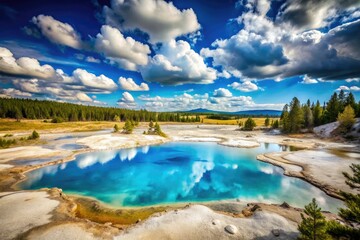 Yellowstone's Norris Geyser Basin: a tilt-shift photo reveals milky blue hot springs in a porcelain basin.