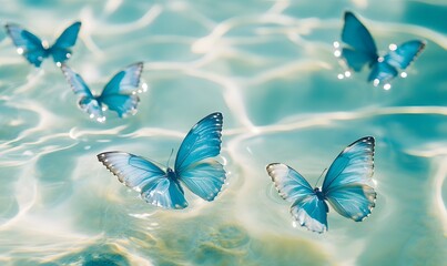 Several blue butterflies swimming in clear water, Generative AI
