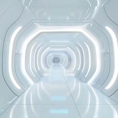 Fototapeta premium Clean white futuristic corridor with smooth, curved walls and bright lights. Minimalist and modern abstract architectural space.