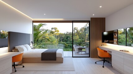 Modern bedroom with large windows showcasing serene outdoor views and natural light