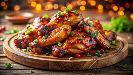 Sweet & Spicy Grilled Chicken Wings on Rustic Platter - Bokeh Background