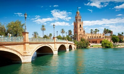 Fototapeta premium Seville Spain, bridge over canal, church, blue sky, summer tourism