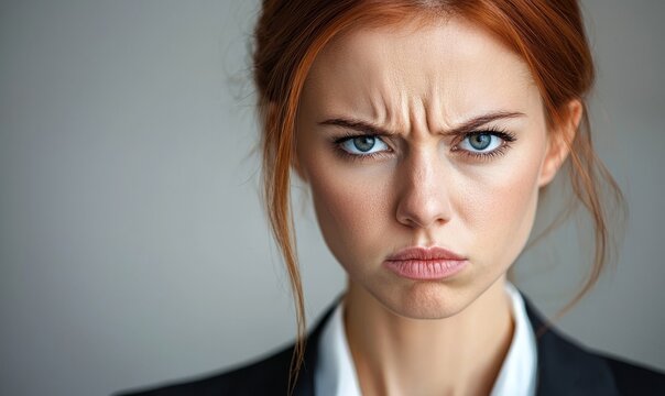 Serious businesswoman frowns, expressing concern, against plain background