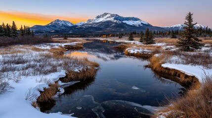Scenic winter landscape with snow-covered mountains and serene river reflection