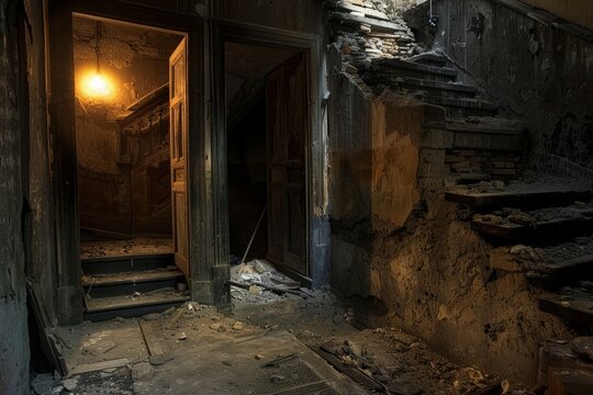 Ruined apartment of deserted hotel, old room with damaged cracked walls, abandoned house. Neural network ai generated