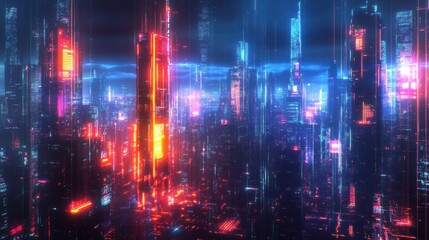 Obraz premium Futuristic cityscape at night with glowing skyscrapers and vibrant neon lights in a digital landscape