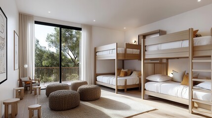 Modern minimalist children's bedroom with bunk beds and nature view window
