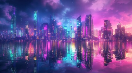 Obraz premium Vibrant city skyline at dusk, illuminated buildings reflecting on water, with colorful lights