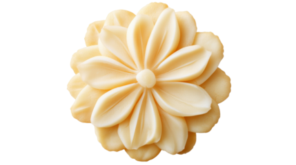 An elegant butter cookie shaped like a flower, with a light golden color and a delicate crumb, isolated on a transparent background, focusing on its detailed design.