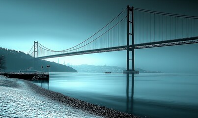 Fototapeta premium Suspension bridge over calm water at dawn, city skyline in background, ideal for travel or engineering projects