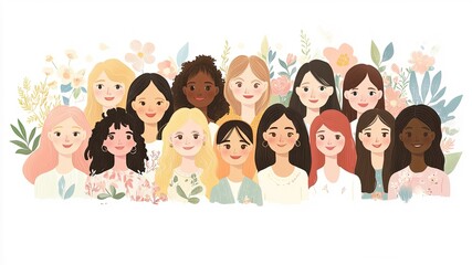 Diverse women in flat vector style with pastel tones, celebrating unity for International Women's Day on a white background, abstract art.
