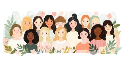 Diverse women in flat vector style with pastel tones, celebrating unity for International Women's Day on a white background, abstract art.
