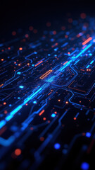 Futuristic digital landscape with glowing blue circuitry representing cloud computing and DevOps concepts.