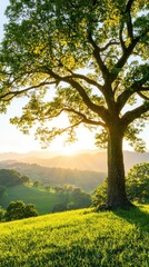 Fototapeta premium A majestic tree stands on a hillside, bathed in golden sunlight, surrounded by lush green fields and rolling hills in the background.