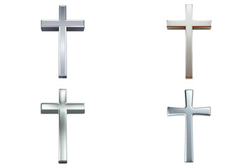 Shiny Metallic Silver Cross on White Background