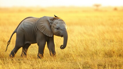 Fototapeta premium Baby Elephant Walking Through Golden Grasslands at Sunrise