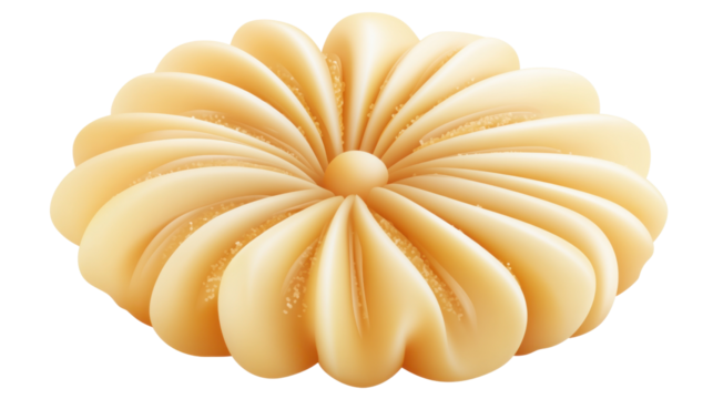 An elegant butter cookie shaped like a flower, with a light golden color and a delicate crumb, isolated on a transparent background, focusing on its detailed design.