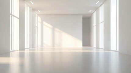 Fototapeta premium Bright, minimalistic empty interior with large windows, showcasing warm sunlight and a modern aesthetic, ideal for creative projects and lifestyle imagery