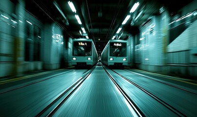 Two subway trains approaching in underground tunnel, creating motion blur effect