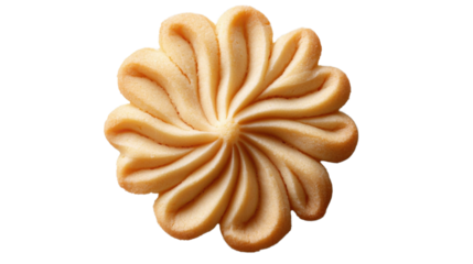 An elegant butter cookie shaped like a flower, with a light golden color and a delicate crumb, isolated on a transparent background, focusing on its detailed design.