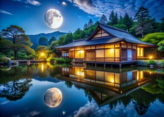 Obraz premium Tranquil Moonlight: Traditional Japanese House by Serene Lake - Stock Photo